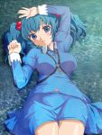  blue_eyes blue_hair blush breasts bug_(artist) hair_bobbles hair_ornament kawashiro_nitori lying no_hat no_headwear on_back open_mouth short_hair skirt skirt_set solo touhou twintails water wet wet_clothes 
