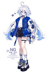 1girl absurdres ahoge alternate_costume backpack bag belt black_choker black_shorts blue_belt blue_eyes blue_hair character_name choker commentary_request drop-shaped_pupils full_body furina_(genshin_impact) genshin_impact hair_between_eyes hands_in_pockets heterochromia highres jacket jewelry kneehighs letterman_jacket long_hair looking_at_viewer midriff_peek mismatched_pupils multicolored_hair necklace open_clothes open_jacket platform_shoes shirt shoes shorts smile sneakers socks solo star_(symbol) symbol-shaped_pupils thigh_strap twintails unouto white_background white_bag white_hair white_shirt white_socks 