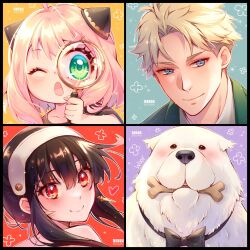  1boy 2girls ahoge anya_(spy_x_family) artist_name bare_shoulders black_border black_bow black_bowtie black_dress black_hair blonde_hair blue_background blue_eyes blush bond_(spy_x_family) bone_in_mouth border bow bowtie brown_eyes child closed_mouth collared_shirt dog dress dress_bow earrings food_in_mouth from_behind gold_earrings green_eyes green_jacket green_suit hair_between_eyes hairband hairpods heart highres holding holding_magnifying_glass jacket jewelry kishishiotani long_hair looking_at_viewer looking_back looking_to_the_side magnifying_glass medium_hair multiple_girls necktie one_eye_closed open_mouth orange_background outside_border parted_bangs pink_hair portrait purple_background red_background red_eyes red_necktie red_sweater shirt short_hair sidelocks simple_background smile spy_x_family suit suit_jacket sweater twilight_(spy_x_family) upper_body white_bow white_hairband white_shirt yor_briar 
