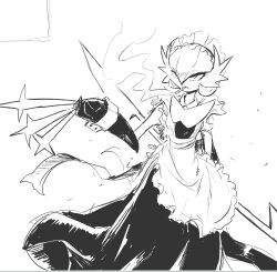  1girl alternate_color apron arm_at_side bob_cut cigarette closed_mouth clothed_pokemon commentary double_blade dress elbow_gloves english_commentary frilled_apron frills gardevoir gloves greyscale hair_between_eyes hand_up highres holding holding_blade holding_knife holding_weapon knife long_dress looking_afar maid maid_apron maid_headdress mega_gardevoir mega_pokemon monochrome mouth_hold pokemon pokemon_(creature) shiny_pokemon short_hair simple_background sketch sleeveless sleeveless_dress smoke smoking solo tenebscuro throwing_knife weapon white_background wrist_cuffs 