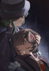  2girls absurdres black_background black_coat black_hair black_hat boater_hat closed_eyes coat commentary duck021530_(origogi1234) feather_hair_ornament feathers grey_hair hair_bun hair_ornament hairband hand_on_another's_head hat hat_over_one_eye highres leaning_on_person leaning_to_the_side looking_down multiple_girls one_eye_covered red_feathers reverse:1999 schneider_(reverse:1999) short_hair single_side_bun upper_body vertin_(reverse:1999) white_hairband 