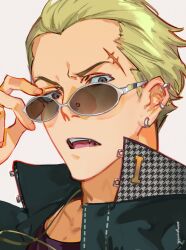  1boy adjusting_eyewear arm_up black_jacket black_shirt blonde_hair commentary ear_piercing earrings face_piercing grey_eyes hair_slicked_back highres houndstooth jacket jewelry male_focus nose_piercing open_clothes open_jacket open_mouth persona persona_4 piercing popped_collar portrait raised_eyebrow scar scar_on_face scar_on_forehead school_uniform shirt short_hair short_sideburns sideburns simple_background solo sunglasses tatsumi_kanji teeth tongue untranslatable_commentary upper_teeth_only very_short_hair white-framed_eyewear white_background widow's_peak yuuyuyuraru 