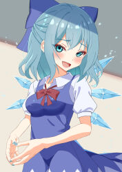  1girl blue_bow blue_dress blue_eyes blue_hair blue_nails blush bow bowtie breasts cirno collared_shirt commentary detached_wings dress fang ganon_capybara hair_bow highres ice ice_wings looking_at_viewer medium_breasts medium_hair open_mouth own_hands_together pinafore_dress puffy_short_sleeves puffy_sleeves red_bow red_bowtie shadow shirt short_sleeves sleeveless sleeveless_dress smile solo steepled_fingers touhou white_shirt wings 