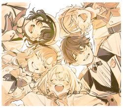  2boys 3girls :d ^_^ blush border bow bowtie chef_hat circle_formation closed_eyes facing_viewer grin hair_ornament hairclip hat hat_bow highres jump_(ah0029) kirara_tamako kirara_tamako_(1st_costume) long_hair monochrome multiple_boys multiple_girls nagisa_trout nagisa_trout_(1st_costume) nanase_suzuna nanase_suzuna_(1st_costume) neck_ribbon neckerchief nijisanji one_eye_closed open_mouth ribbon sakayori_soma sakayori_soma_(1st_costume) saotome_berry saotome_berry_(1st_costume) smile speciale_(nijisanji) upper_body very_long_hair warm_colors white_border 