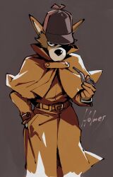  1boy animal_ears animal_nose belt black_eyes brown_background brown_belt brown_capelet brown_coat brown_gloves capelet coat cowboy_shot dog_boy dog_ears english_text furry furry_male gloves hand_in_pocket hat_over_eyes highres holding holding_smoking_pipe layered_sleeves looking_at_viewer looking_up meitantei_holmes muramasa_mikado sherlock_holmes_(meitantei_holmes) smoking_pipe solo standing staring 