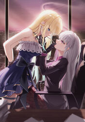  2girls absurdres aizawa_ema asumi_sena black_bow black_gloves black_jacket black_thighhighs blonde_hair blue_dress blue_eyes blurry blurry_foreground bow braid breasts chair cigarette collared_shirt commentary_request crown_braid dress dress_bow earrings english_commentary engrish_commentary eye_contact fishnet_thighhighs fishnets frilled_dress frills from_side gloves grey_hair hand_on_another's_chin hands_on_own_hips hands_up highres horizon hyin indoors jacket jewelry large_breasts layered_sleeves long_hair long_sleeves looking_at_another mixed-language_commentary mouth_hold multiple_girls night office_chair office_lady on_chair pink_eyes pink_shirt profile shirt sitting sleeveless sleeveless_dress smoking standing straight_hair swivel_chair thigh-highs very_long_hair virtual_youtuber vspo! window yuri 