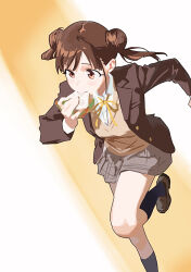  1girl absurdres black_socks brown_cardigan brown_hair brown_jacket brown_shoes brown_skirt cardigan cobwvmeti collared_shirt commentary_request double_bun dress_shirt eating floating_hair food hair_bun highres holding holding_food holding_sandwich idolmaster idolmaster_shiny_colors jacket lapels loafers long_sleeves looking_ahead medium_hair miniskirt neck_ribbon notched_lapels open_clothes open_jacket red_eyes ribbon running sandwich school_uniform shirt shoes skirt socks solo sonoda_chiyoko standing standing_on_one_leg straight_hair two-tone_background unbuttoned_jacket white_background white_shirt yellow_background yellow_ribbon 