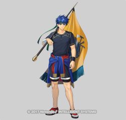  1boy bandaged_wrist bandages black_shirt black_shorts blue_jacket closed_mouth clothes_around_waist commentary_request fire_emblem fire_emblem:_path_of_radiance fire_emblem_heroes flag freestyle18 full_body green_headband headband holding holding_flag ike_(fire_emblem) ike_(full-tilt_merc)_(fire_emblem) jacket jacket_around_waist male_focus official_alternate_costume official_art shirt shoes short_hair shorts solo wristband 