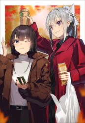  2girls autumn bag belt black_hair black_shirt blue_eyes brown_coat coat collared_shirt commentary cup_on_head drink eating food grey_hair grin hair_between_eyes hair_ornament hairclip haska_(user_gure4787) highres higuchi_kaede holding holding_bag holding_food leaf long_hair long_sleeves maple_leaf multiple_girls nijisanji onigiri open_clothes open_coat plastic_bag ponytail red_coat shirt smile striped_clothes striped_shirt tsukino_mito turtleneck violet_eyes virtual_youtuber white_shirt wings 