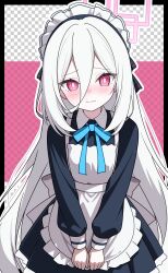  1girl absurdres apron black_dress black_hairband blue_archive blue_necktie blue_ribbon blush border checkered_background closed_mouth collar commentary dot_nose dress hair_between_eyes hairband halo highres kei_(blue_archive) kei_(student)_(blue_archive) long_hair long_hair_between_eyes looking_at_viewer maid maid_apron maid_headdress necktie odorukaminoke pink_eyes pink_halo rectangular_halo ribbon ringed_eyes solo very_long_hair waist_apron white_hair 