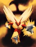  blaziken blue_eyes claws commentary creature highres looking_at_viewer no_humans pokemon pokemon_(creature) purplekecleon running signature yellow_sclera 