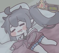  ahoge alarm_clock bed_sheet black_hair black_tank_top blue_shorts brown_sweater clock closed_eyes commentary_request drooling long_hair on_bed paper_crown pillow pointy_ears rabbit4loveyou risty_(trickcal) shorts side_ponytail striped_clothes sweater tank_top trickcal very_long_hair 