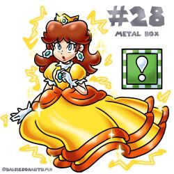  1girl brooch brown_hair commentary crown dress earrings english_commentary english_text flower_brooch flower_earrings frilled_gloves frills gloves gold_crown highres jewelry keidontlie long_hair medium_hair metal_box_(mario) metal_dress metal_gloves metal_hair metal_skin nakaue_shigehisa_(style) open_mouth orange_dress pointed_crown princess princess_daisy puffy_sleeves short_sleeves simple_background solo super_mario_bros. white_background white_gloves yellow_dress 