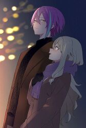  1boy 1girl black_gloves blue_streaks breasts brown_coat closed_mouth coat commentary double-parted_bangs gloves green_hair hair_between_eyes hand_on_own_chest hand_up highres kamishiro_rui kusanagi_nene lapels long_hair long_sleeves low-tied_sidelocks multicolored_hair n_ps_7 night notched_lapels open_mouth project_sekai purple_hair purple_scarf scarf short_hair sidelocks sideways_glance smile streaked_hair turtleneck two-tone_hair upper_body winter_clothes yellow_eyes 