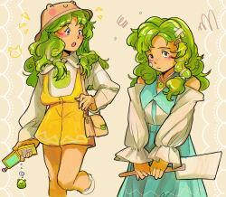  1girl alternate_costume animal_print aqua_skirt bag bandaid bandaid_on_head blush brown_bag brown_hat cellphone cellphone_charm charm_(object) closed_mouth collared_shirt commentary crossed_bandaids detached_sleeves english_commentary flip_phone frog_print gohei green_hair hair_ornament hat highres holding holding_gohei holding_phone jewelry kochiya_sanae long_sleeves looking_at_viewer molly_yancey necklace open_mouth pendant phone shirt shorts shoulder_bag skirt sleeveless sleeveless_shirt snake_hair_ornament squiggle suspender_shorts suspenders touhou white_shirt yellow_eyes yellow_shorts 