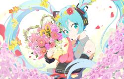  arm_tattoo blue_eyes blue_hair blue_nails blue_necktie blush bouquet collared_shirt commentary_request detached_sleeves double-parted_bangs flower frilled_shirt frilled_shirt_collar frills from_side gradient_background green_background grey_shirt hair_between_eyes hatsune_miku headphones headset highres holding holding_bouquet long_hair looking_at_viewer miku_day nail_polish necktie number_tattoo pink_flower pre_sktch red_flower shirt sidelocks sleeveless sleeveless_shirt smile tattoo turning_head twintails upper_body very_long_hair vocaloid white_background 