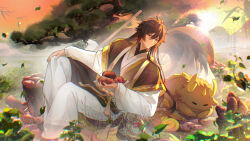  1boy alternate_costume azhdaha_(genshin_impact) brown_eyes brown_hair chinese_clothes chinese_commentary closed_mouth commentary_request commission dragon earrings food genshin_impact highres holding jewelry liangji_uu long_hair long_sleeves male_focus shirt single_earring smile sweet_potato white_shirt zhongli_(genshin_impact) 