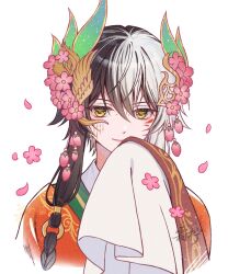  1boy aqua_eyeshadow black_hair braid bud cherry_blossoms chinese_clothes chinese_commentary closed_mouth commentary_request cropped_torso eyeshadow facepaint falling_petals flower girly_boy hair_between_eyes hair_extensions hair_flower hair_ornament hair_over_shoulder hair_tubes hand_on_own_chin hanfu happy highres infinity_nikki long_hair long_sleeves loose_hair_strand luminous-pearl makeup multicolored_hair nikki_(series) official_alternate_costume petals pink_flower red_hanfu ring_hair_extensions simple_background sleeves_past_fingers sleeves_past_wrists smile solo split-color_hair tan_youyou_(infinity_nikki) two-tone_hair very_long_hair white_background white_hair wide_sleeves yellow_eyes 