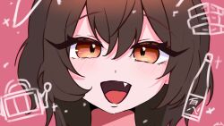  1girl :d bonnouji_momoha bottle brown_eyes brown_hair commentary fang hair_between_eyes kimi_no_koto_ga_dai_dai_dai_dai_daisuki_na_100-nin_no_kanojo looking_at_viewer momohabest1243 open_mouth parody pink_background portrait simple_background slot_machine smile solo style_parody 