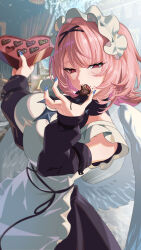  1girl absurdres apron black_dress box breasts candy chinese_commentary chocolate commentary_request dress eating food heart heart-shaped_box heart-shaped_chocolate heart-shaped_food highres large_breasts maid maid_apron maid_headdress medium_hair pink_hair remielle_dan solo tang_ke violet_eyes white_apron white_wings wings zenless_zone_zero 
