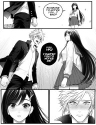 1boy 1girl absurdres artist_logo azezazel black_hair blonde_hair blush cloud_strife cloud_strife_(midgard_seventh_high_school) delinquent earrings emphasis_lines english_commentary english_text final_fantasy final_fantasy_vii final_fantasy_vii:_ever_crisis gakuran greyscale hair_ornament hairclip hetero highres jacket jewelry logo long_hair looking_at_another monochrome neckerchief official_alternate_costume open_clothes open_jacket open_mouth pleated_skirt sailor_collar school_uniform serafuku shirt short_hair signature skirt spiky_hair tifa_lockhart tifa_lockhart_(midgard_seventh_high_school) twitter_username white_serafuku 