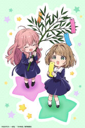  2girls :d absurdres ahoge bamboo black_boots black_shoes blue_dress blush boots branch brown_hair chibi chibi_only closed_eyes commentary_request copyright_notice dress fang full_body green_background green_eyes highres holding holding_branch kagari_mimi kimi_ga_shinu_made_koi_wo_shitai long_hair long_sleeves multiple_girls official_art open_mouth outline pink_hair polka_dot polka_dot_background release_celebration sailor_collar sailor_dress school_uniform second-party_source shoes short_hair smile socks star_(symbol) tanabata tanzaku totsuki_shiina white_outline white_sailor_collar white_socks yufu_kyouko 