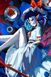  1girl ascot bat_wings blood blue_flower blue_hair blush bow breasts checkered_floor closed_mouth commentary_request cup fang flower harikane0 hat hat_ribbon highres knife looking_at_viewer lying medium_hair mob_cap on_side pantyhose plate pointy_ears puffy_short_sleeves puffy_sleeves red_ascot red_bow red_eyes remilia_scarlet ribbon saucer shirt short_sleeves skin_fang skirt skirt_set sleeve_bow small_breasts solo teacup touhou white_hat white_pantyhose white_shirt white_skirt wings 