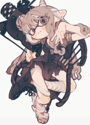  .52_gal_(splatoon) 0_05kmgrn 1girl :< absurdres bandaged_ear bandaged_head bandaged_horn bandaged_leg bandages black_shirt black_shoes blush boots breasts brown_dress brown_eyes brown_hair chair closed_mouth cone_horns cross-laced_clothes cross-laced_dress crossed_legs dress eyebrows_hidden_by_hair from_above full_body gun hair_between_eyes hair_flowing_over highres holding holding_behind_back holding_weapon_behind_back horns layered_dress long_hair looking_at_viewer on_chair pointy_ears shirt shoes short_eyebrows short_sleeves simple_background single_boot single_shoe sitting small_breasts solo splatoon_(series) striped_clothes striped_dress very_long_hair weapon white_background wooden_chair 
