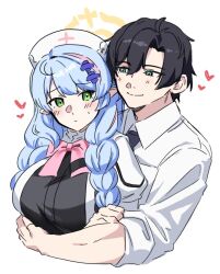  1boy 1girl black_hair blue_archive blue_hair blush bow bowtie braid breasts collared_shirt commentary_request cropped_torso dress dress_shirt green_eyes halo hat heart hetero hug hug_from_behind large_breasts long_hair low_twin_braids mine_(blue_archive) multicolored_hair nurse_cap pink_bow pink_bowtie pink_streaks pointy_ears seele0907 sensei_(blue_archive) shirt simple_background streaked_hair twin_braids white_background white_shirt yellow_halo 