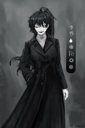  1girl absurdres aeoncore1 arm_at_side artist_name black_coat black_hair black_sclera buttons carmen_(project_moon) coat colored_sclera colored_skin commentary double-breasted english_commentary evil_smile fusion grey_background hair_between_eyes hand_in_pocket highres lobotomy_corporation long_coat long_hair long_sleeves looking_at_viewer one_eye_closed open_mouth ponytail project_moon scar_across_eyes signature simple_background smile solo stigmata translation_request turtleneck undertale utdr_(toby_fox) very_long_hair w.d._gaster white_eyes white_skin wingdings 