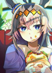  +_+ 1girl animal_ears blue_eyes blue_shirt blush_stickers burger chromatic_aberration collar collarbone commentary double-parted_bangs eating food food_on_face hair_between_eyes heavy_chromatic_aberration highres holding holding_burger holding_food horse_ears horse_girl indoors looking_at_viewer lutrinachi oguri_cap_(umamusume) parted_bangs saliva shirt sitting solo star_(symbol) umamusume upper_body white_collar white_hair 