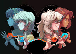  2girls absurdres closed_mouth commentary crazy_grin crazy_smile cropped_shoulders disembodied_linked_eye dual_persona english_commentary english_text from_side frown green_eyes green_hair grin hair_ornament hairband heart heart_hair_ornament highres komeiji_koishi komeiji_satori long_hair molly_yancey multiple_girls short_hair siblings sisters smile stitches tearing_up touhou violet_eyes 