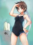  bottle brown_eyes brown_hair faucet headband highres jacket kasugano_sakura school_swimsuit short_hair solo street_fighter street_fighter_zero swimsuit taishi_(artist) watch whistle 