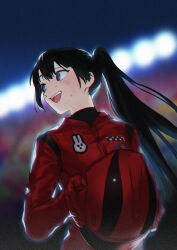  1girl alternate_costume animal_print backlighting black_hair blue_eyes blurry blurry_background commentary_request gloves helmet holding holding_unworn_helmet looking_to_the_side nijisanji open_mouth outdoors ponytail rabbit_print racing_suit red_gloves red_suit smile solo soramame_(corndog) suit sweat tsukino_mito unworn_headwear unworn_helmet virtual_youtuber 