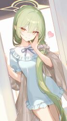  1girl absurdres blue_archive blue_nightgown brown_scrunchie brown_shawl green_hair green_halo grey_scrunchie grid_print hair_ornament hair_scrunchie halo heart highres long_hair looking_at_viewer low_side_ponytail nightgown nozomi_(blue_archive) nozomi_(kujibikido)_(blue_archive) nyarnya pajamas pointy_ears scrunchie shawl side_ponytail smile solo 