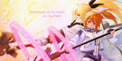  2026 2girls absurdres artist_name aryn_mdlsofg back-to-back bardiche_(nanoha) black_gloves blonde_hair cape closed_mouth collared_cape commentary cropped_jacket dated english_text fate_testarossa fingerless_gloves floating_hair gloves high_ponytail high_side_ponytail highres holding holding_staff jacket long_hair long_sidelocks lyrical_nanoha mage_staff magic motion_blur multiple_girls ponytail raising_heart red_eyes short_hair side_ponytail sidelocks signature smile staff swept_bangs takamachi_nanoha untranslatable_commentary upper_body v-shaped_eyebrows violet_eyes white_cape white_jacket 