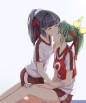  aoki_reika bandage bandages blue_hair blush cheek_kiss closed_eyes eye_kiss eyes_closed green_eyes green_hair gym_shorts gym_uniform hair_ornament hair_ribbon hairclip injury jersey kiss kneeling midorikawa_nao misu_kasumi multiple_girls ponytail precure ribbon scrunchie shirt shorts sitting smile_precure! tears yuri 