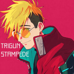  1boy aqua_eyes aqua_jacket black_hair black_shirt blonde_hair closed_mouth commentary_request copyright_name highres jacket male_focus mole mole_under_eye multicolored_hair open_clothes open_jacket orange-tinted_eyewear red_background red_jacket rimless_eyewear round_eyewear shirt short_hair simple_background smile solo sota_cat tinted_eyewear trigun trigun_stampede two-sided_fabric two-sided_jacket two-tone_hair undercut unzipped upper_body vash_the_stampede 