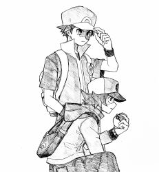  2boys backwards_hat baseball_cap commentary_request hat highres hilbert_(pokemon) hood hooded_jacket jacket mitune114 monochrome multiple_boys poke_ball poke_ball_(basic) pokemon pokemon_black_and_white pokemon_firered_and_leafgreen red_(pokemon) simple_background spiky_hair watch watch white_background zipper_pull_tab 