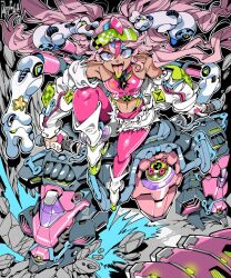  1girl commission crazy_smile crop_top dark-skinned_female dark_skin fang gloves jacket kafun mecha open_clothes open_jacket original pants pink_pants robot skates skeb_commission smile solo tight_clothes tight_pants tongue tongue_out twintails white_gloves white_jacket 