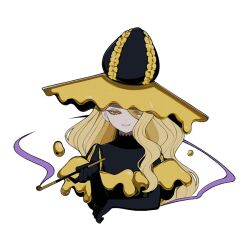  1girl blonde_hair hair_over_one_eye hat holding holding_smoking_pipe lily_s_proposal long_hair long_sleeves looking_at_viewer madan_no_ichi monegold open_mouth shirt smoke smoking_pipe solo teeth upper_body witch yellow_eyes 