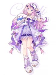  1girl :t blue_eyes blush citlali_(genshin_impact) citlali_(whispers_of_stars_and_smoke)_(genshin_impact) citlalin_(genshin_impact) closed_mouth commentary_request dress facial_mark forehead_mark full_body genshin_impact hand_up highres holding holding_pillow long_hair looking_at_viewer multicolored_hair nyanya official_alternate_costume pillow pink_hair purple_hair simple_background sleep_mask slippers solo triangle triangle_facial_mark twitter_username very_long_hair white_background white_slippers 