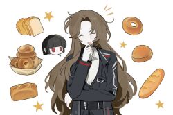  2girls :d ^_^ bagel baguette belt belt_buckle black_belt black_coat black_hair black_vest blush bread bread_slice brown_hair buckle chinese_commentary closed_eyes coat collared_shirt commentary_request food hand_up laughing limbus_company lmojn3 long_hair long_sleeves mole mole_under_eye multiple_girls notice_lines open_clothes open_coat open_mouth project_moon red_eyes rodion_(project_moon) ryoshu_(project_moon) shirt sidelocks simple_background smile star_(symbol) upper_body very_long_hair vest white_background wing_collar 
