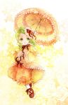  1girl awa_toka coat dress drill_hair floral_print flower green_eyes green_hair hair_ornament heart_hair_ornament kanaria long_sleeves looking_at_viewer open_mouth orange_dress pants parasol red_rose rose rozen_maiden smile solo umbrella white_rose wide_sleeves 