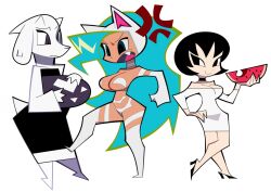  3girls anger_vein animal_ear_hairband animal_ears black_dress black_eyes black_hair blue_hair breasts cat_ear_hairband cat_ears darkstalkers detached_sleeves dress fake_animal_ears felicia_(darkstalkers) food fruit furry furry_female goat goat_ears hairband hillmyna holding holding_food holding_fruit jucika jucika_(comic) large_breasts long_hair multiple_girls off-shoulder_dress off_shoulder short_hair toriel undertale utdr_(toby_fox) watermelon watermelon_slice white_dress 