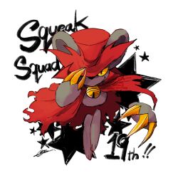  1boy animal_ears anniversary bell cape claws colored_sclera commentary_request daroach full_body furry furry_male hand_on_headwear highres idbze kirby:_squeak_squad kirby_(series) looking_at_viewer male_focus mouse_ears neck_bell rayman_limbs red_cape solo star_(symbol) torn_cape torn_clothes watermark yellow_sclera 