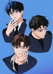  3boys agent_choi black_eyes black_hair black_necktie black_shirt blue_background blue_eyes blue_jacket blue_pupils brown_hair close-up commentary_request glasses gwechul highres jacket kim_soleum korean_commentary multiple_boys necktie portrait red_pupils ri_mumu ryu_jaekwan scar scar_on_neck shirt short_hair simple_background turtleneck upper_body white_shirt 