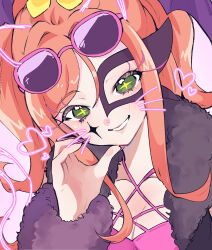1girl absurdres ageseine arm_warmers black_coat close-up coat colored_eyelashes commentary_request cross-shaped_pupils domino_mask drawn_ears drawn_heart drawn_tail drawn_whiskers eye_mask eyewear_on_head flower fur-trimmed_coat fur_arm_warmers fur_trim green_eyes grin hair_flower hair_ornament hand_up highres himono_no_tsukudani long_eyelashes long_hair looking_at_viewer marking_on_cheek mask meitantei_precure! nail_polish orange_hair pink-framed_eyewear pink_background pink_nails pink_shirt portrait precure purple_arm_warmers shirt smile solo sunglasses symbol-shaped_pupils wing_hair_ornament yellow_flower yellow_pupils