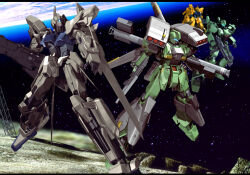  3d army artist_collaboration bazooka_(gundam) beam_rifle commentary_request delta_plus earth_(planet) earth_federation energy_gun fleet gundam gundam_unicorn in_orbit jegan mecha mecha_focus missile_pod mobile_suit nebula no_humans planet reactive_armor realistic robot scene_reference science_fiction shade shield space star_(sky) stark_jegan weapon zb_(dawn-blue) zero_gravity 