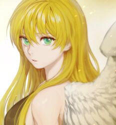  1girl angel_wings bare_shoulders black_dress blonde_hair blunt_bangs breasts close-up closed_mouth clothing_cutout colored_eyebrows commentary_request dress embers fiery_background fire from_side green_eyes highres jdsp4m korean_commentary long_hair looking_to_the_side omniscient_reader's_viewpoint serious shoulder_cutout sideboob simple_background solo upper_body uriel_(omniscient_reader's_viewpoint) white_background white_wings wings 